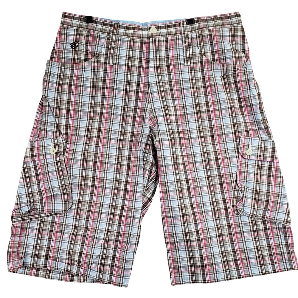 Vintage Rocawear Plaid Cargo Shorts Mens 36 Brown Pink Streetwear Y2K Baggy